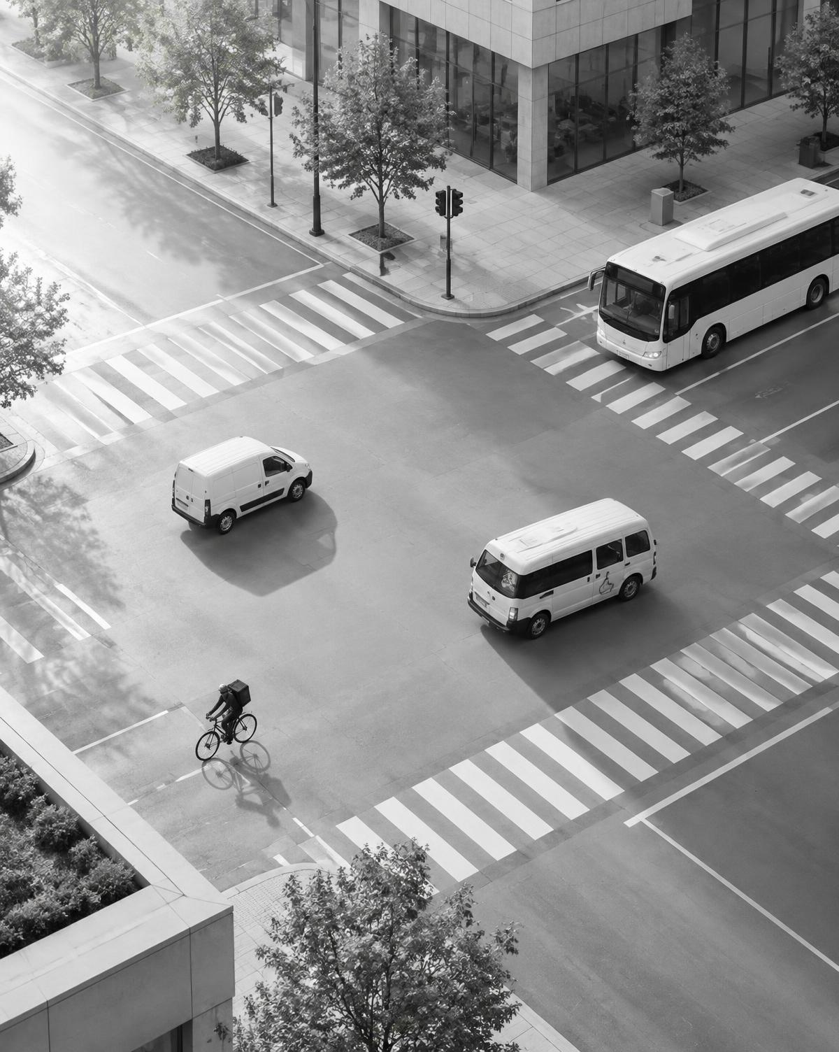 City street with delivery van, accessible transport van, bus and courier